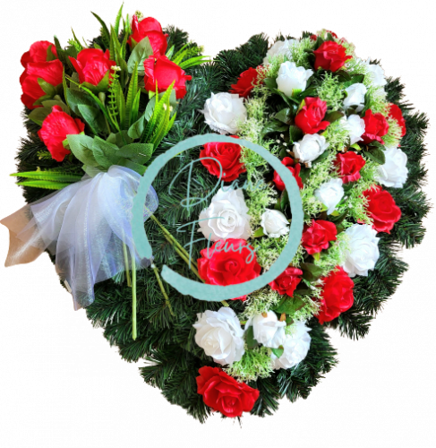 Wianek żałobny „Serce” ze sztucznych róż, mchu i dodatków 80cm x 80cm