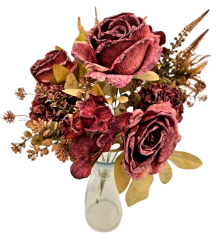 Изкуствен букет от рози, цинии и аксесоари 48 см бордо