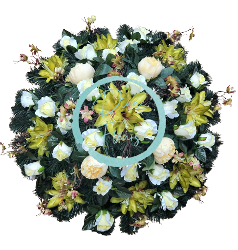 Coroana de doliu Bujori, Crini, Trandafiri & accesorii Ø 70cm