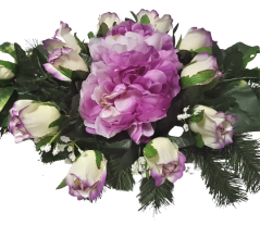 Kompozycja pogrzebowa ze sztuczną piwonią i różami oraz akcesoriami 60cm x 30cm x 20cm fioletowa