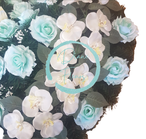 Smútočný veniec "Srdce" z umelých ruží a orchideí 80cm x 80cm tyrkysový & krémový