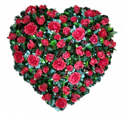 Smútočný veniec "Srdce" z umelých ruží s bobuľkami 80cm x 80cm červený
