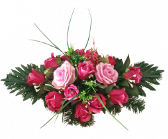 Krásný smuteční aranžmán betonka umělé růže a doplňky 53cm x 27cm x 23cm růžová, vínová