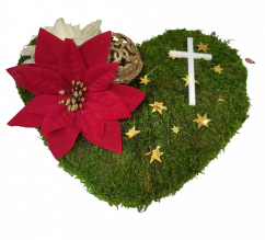 Christmas mossy wreath Heart with Poinsettia, Christmas ball and accessories 27cm x 25cm