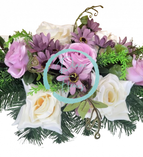 Sympathy arrangement made of artificial Roses, Marguerites Daisies and Accessories 48cm x 30cm x 17cm