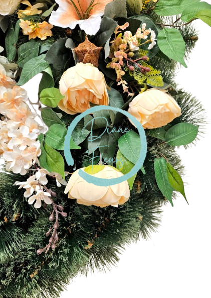 Luxusný smútočný veniec borovicový exclusive pivonky, ľalie, margaréty, hortenzie, orchidey a doplnky 90cm