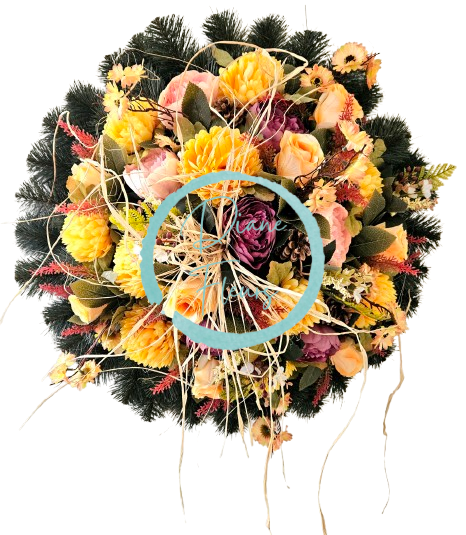 Luksuzen venec iz umetnega bora Ekskluzivne krizanteme, vrtnice, potonike in dodatki 70cm