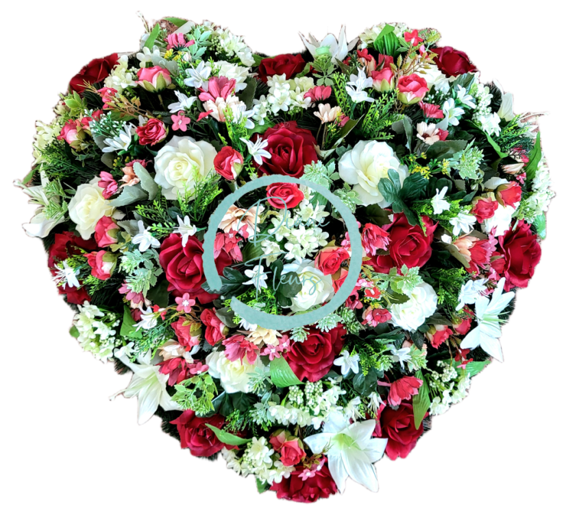 Coroană funerară inimă, trandafiri, crini și flori mici 65cm x 65cm artificială AS1080