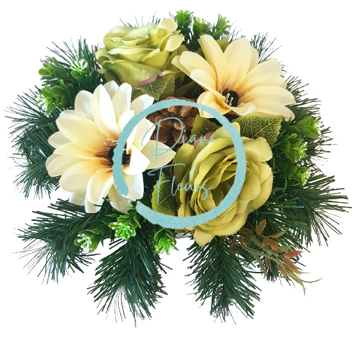 Smútočný aranžmán betonka umelé ruže, clematis & doplnky Ø 28cm x 15cm