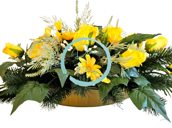 Luxusný aranžmán betonka umelé ruže, margaréty, orchidey a doplnky 100cm x 45cm x 28cm