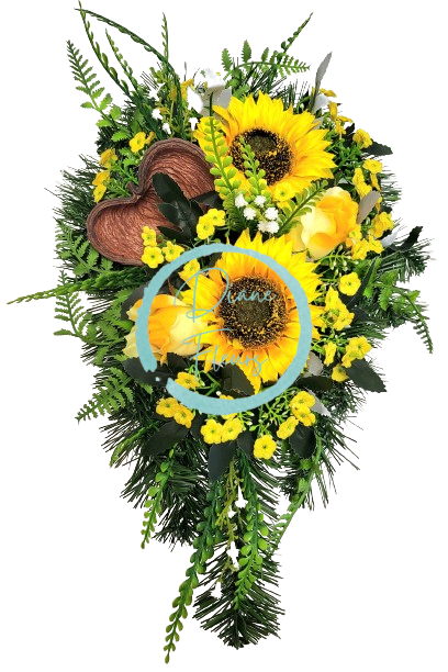 Sympathy arrangement made of artificial Sunflowers, Roses and Accessories 50cm x 28cm x 18cm