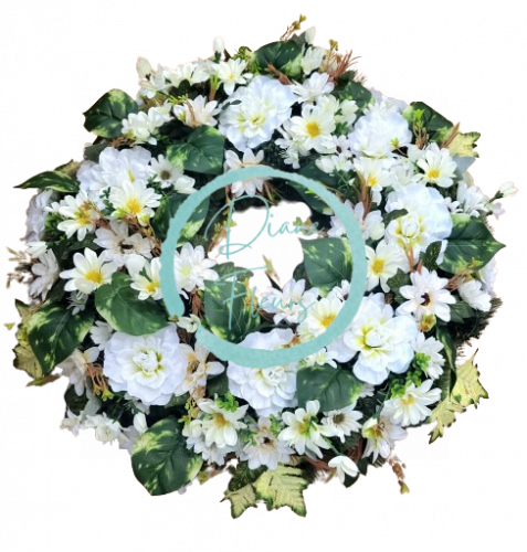 Luxurious artificial pine wreath Exclusive decorated with Dahlias, Gerberas, Marguerites  and accessories 65cm