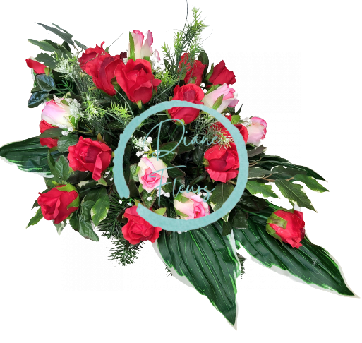 Frumos aranjament de doliu de trandafiri artificiali, accesorii si panglica 77cm x 33cm x 40cm rosu, roz