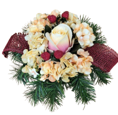Trauergesteck aus künstliche Rose, Hortensie, Himbeeren und Zubehör 22cm x 15cm