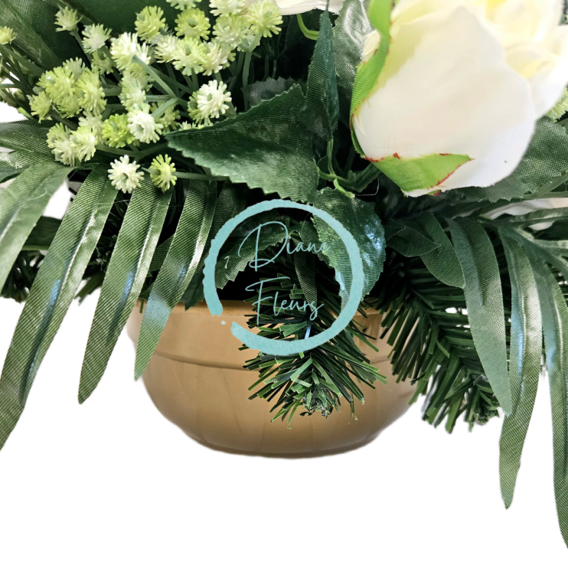 Sympathy Arrangement made of artificial Roses, Marguerites, Gladiolus and accessories 70cm x 40cm x 40cm