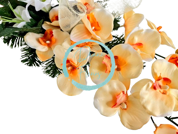 Aranjament pentru cimitir de orhidee artificiale, crini si accesorii 60cm x 28cm x 20cm
