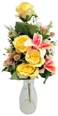Buchet artificial exclusiv Trandafiri, Crini și accesorii x13 54cm x 30cm galben, portocaliu