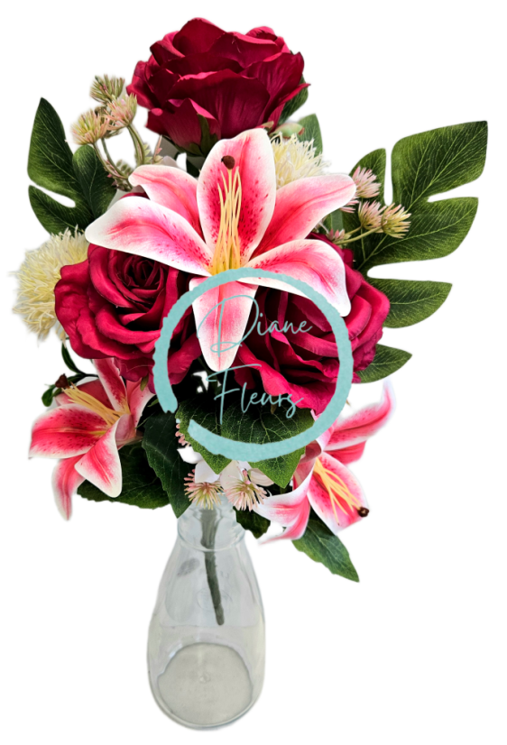 Buchet artificial exclusiv Trandafiri, Crini, Ciulin și accesorii x12 54cm x 30cm roșu, roz