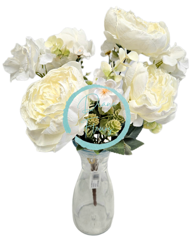 Изкуствен букет от божури, хортензии и аксесоари 42 см кремави