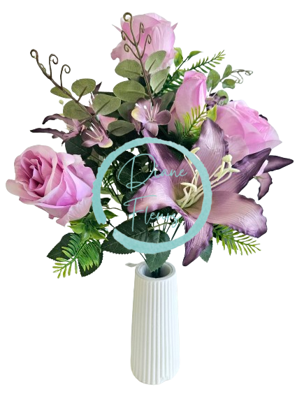 Umělá kytice Růže & Lilie x12 48cm fialová umělá