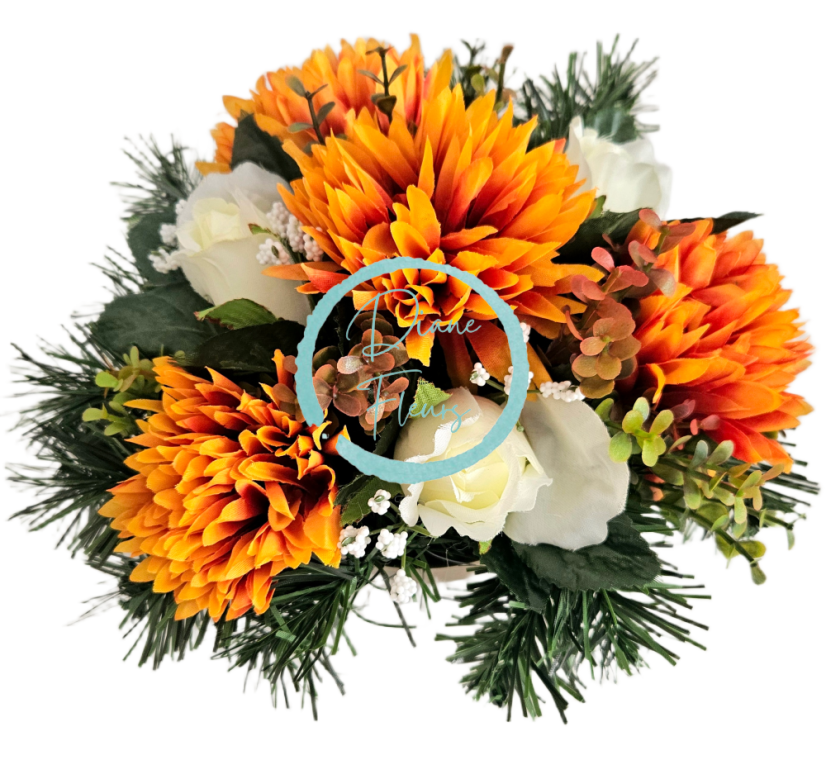 Trauergesteck aus künstlichen Chrysanthemen, Rosen und Accessoires 28cm x 18cm AS1089