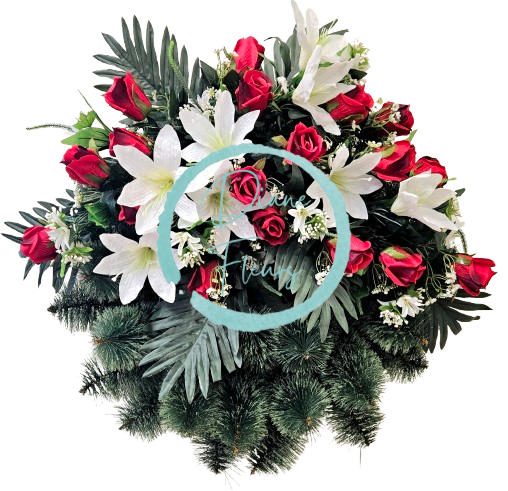 Luxusný smútočný veniec borovicový exclusive ruže, ľalie, palmové listy a doplnky 70cm