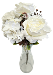 Umělá kytice růže, hortenzie a doplňky 44cm bílá