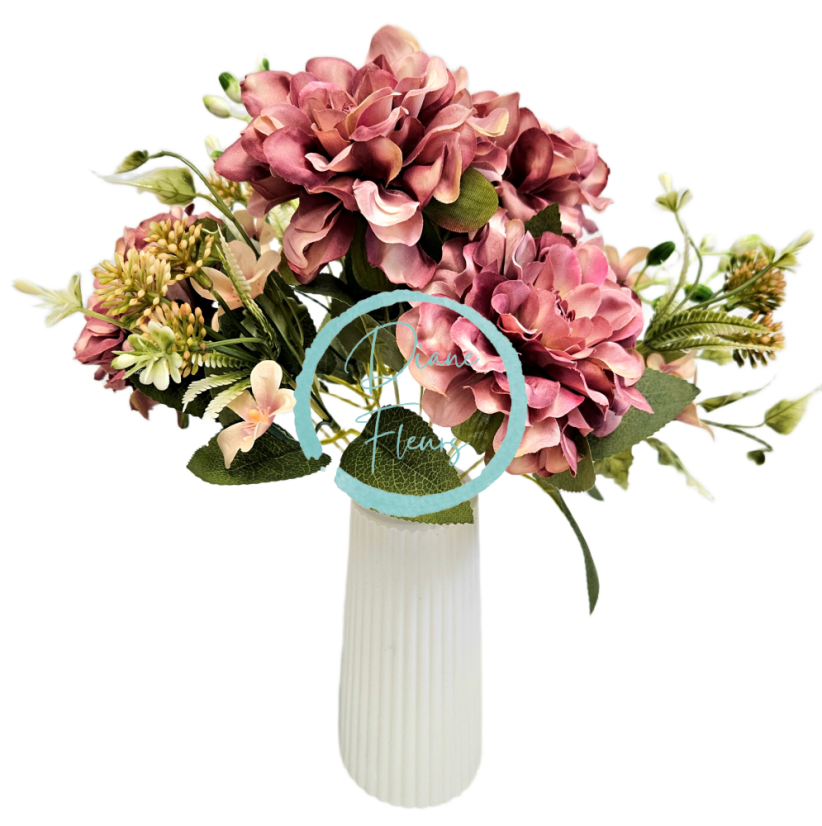 Piękny sztuczny bukiet dalii z dodatkami 38cm Old Pink