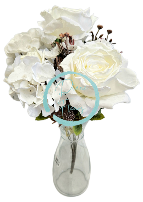 Изкуствен букет от рози, хортензии и аксесоари 44 см бял