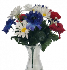 Artificial bouquet of daisies, poppies, cornflowers and accessories 31cm cream, blue, red