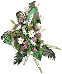 Velký a luxusní aranžmán umělé kopretiny, chryzantémy, ranunculus, bodlák a doplňky 115cm x 90cm AS1040