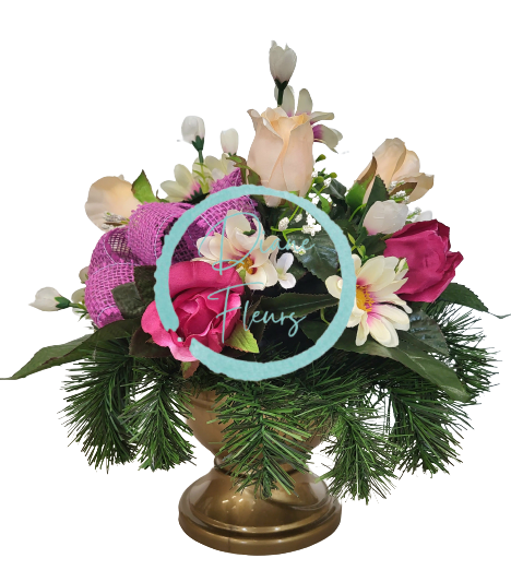 Sympathy arrangement made of artificial Marguerites Daisies, Roses and Accessories Ø 35cm x 35cm