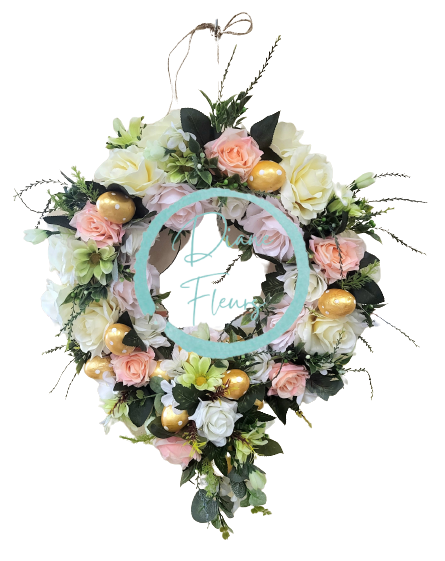 Luxusní proutěný věnec s velikonočními vajíčky ozdobený umělými růžemi, kopretinami a doplňky Ø 42cm x 59cm