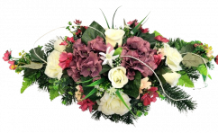 Sympathy arrangement made of artificial Roses, Hydrangeas and Accessories 62cm x 30cm x 20cm