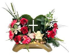 Trauergesteck aus künstliche Rosen, Nelken, Engel, Mooskranz und Zubehör 46cm x 20cm x 28cm