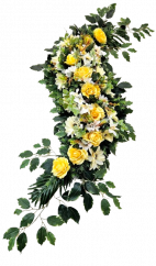Smútočný veniec esíčko umelé ruže, gerbery, clematis a doplnky 150cm x 50cm