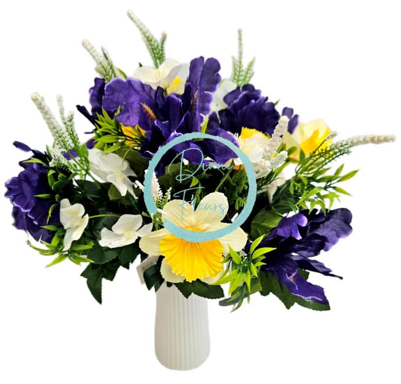 Artificial Narcissus, Iris bouquet 44cm Yellow, Purple, Cream