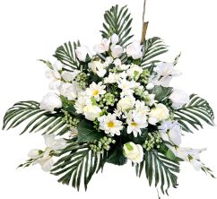 Díszített betontál fenyőből rózsák, százszorszépek, kardvirágok és kiegészítők 70cm x 40cm x 40cm AS1064