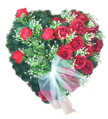 Coroana „Inimă” din trandafiri artificiali si accesorii 65cm x 65cm rosu