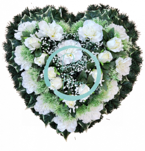 Krásny smútočný veniec srdce s umelými ružami, dahliami a doplnkami 65cm x 65cm
