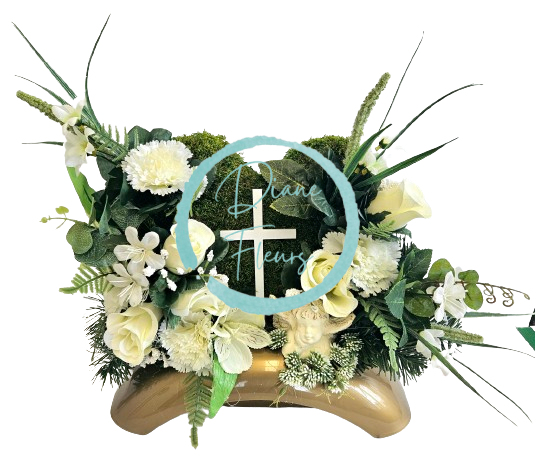 Траурна аранжировка от бетон с изкуствени рози, карамфили, ангел, венец от мъже и аксесоари 46см x 20см x 28см AS838