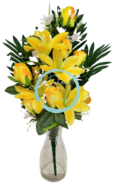 Buchet de Trandafiri și Crini x18 galben 62cm flori artificiale