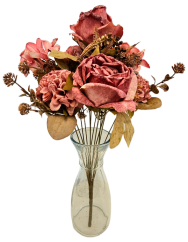 Изкуствен букет от рози, цинии и аксесоари 48 см тъмно розов
