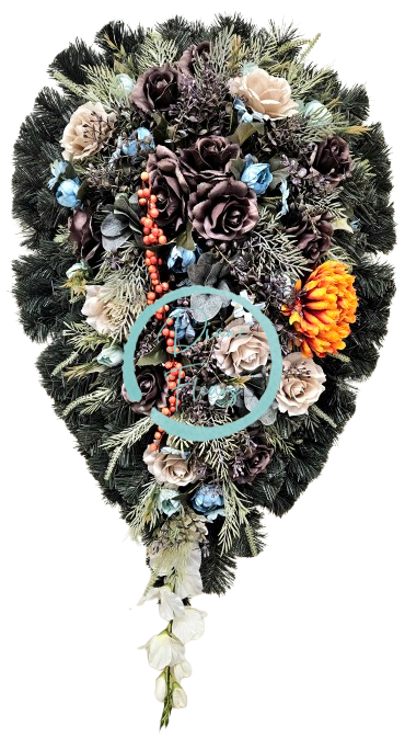 Погребален вец "Сълза" рози, хризантеми, божури, гладиоли и аксесоари 120см x 60см AS890