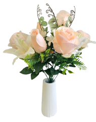 Umetni šopek vrtnic in lilij x12 48cm losos umetno