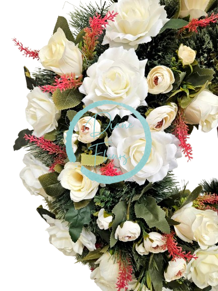 Luxury Artificial Pine Wreath Exclusive Roses, Ranunculus and Accessories 65cm