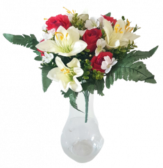 Růže & Lilie kytice x13 červená a krémová 32cm umělá