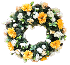 Coroană funerara de pin Exclusiv gerbere, hortensii, flori mici si accesorii 65cm