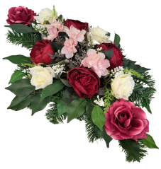 Sympathy arrangement made of artificial Peonies, Roses and Accessories 65cm x 38cm x 23cm