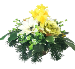 Žalobni aranžman umjetne ruže, narcis, clematis i dodaci Ø 25cm x 23cm